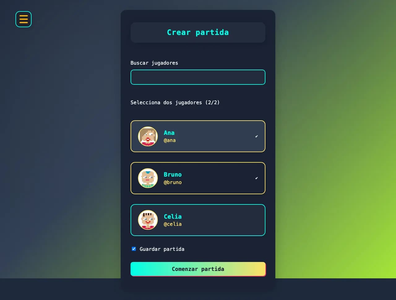 Pantalla para crear una partida de snooker y seleccionar dos jugadores
